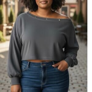 Jennifer Lopez Off-Shoulder Snap Asymmetrical French Terry Sweatshirt Cropped L